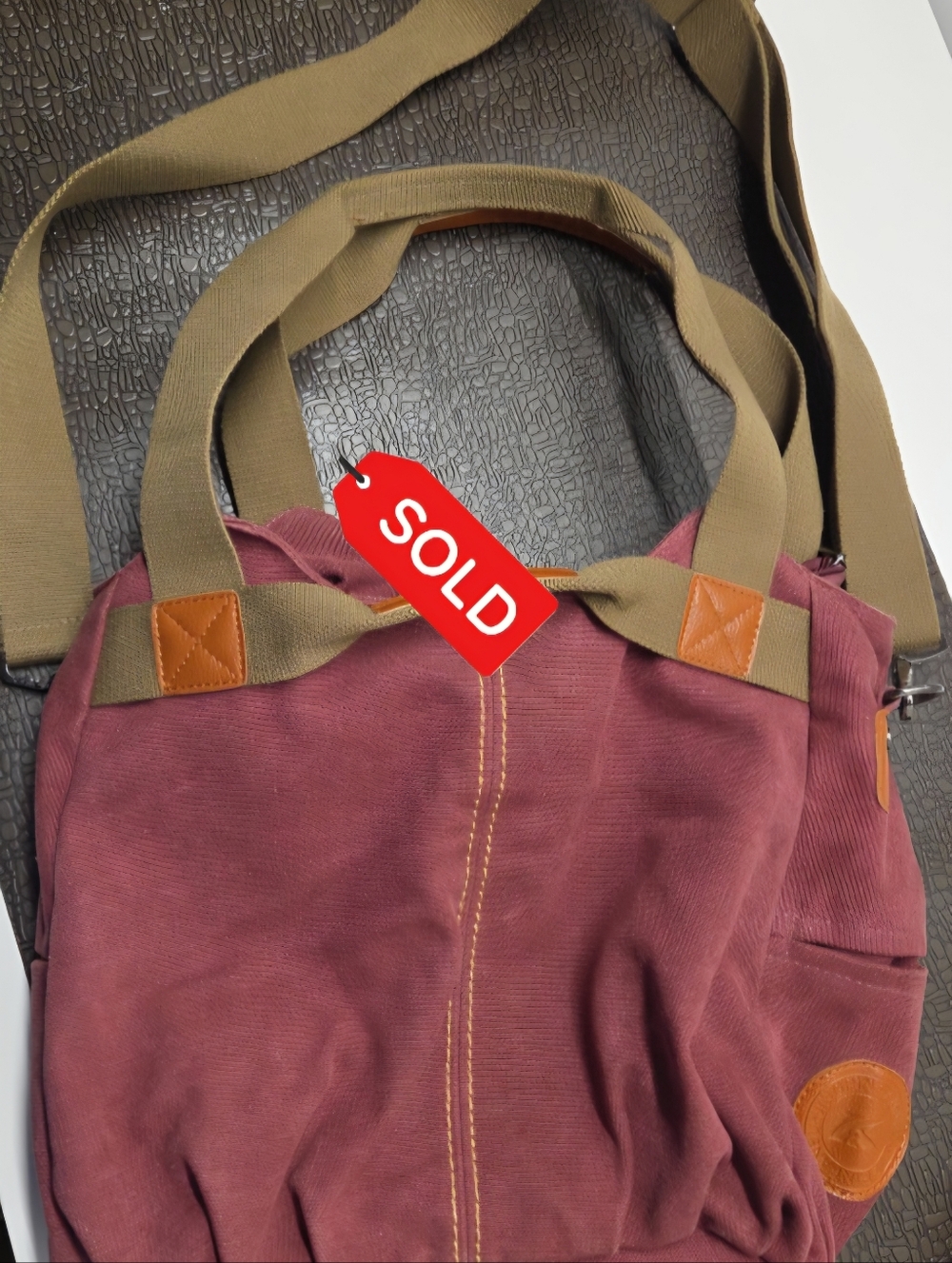SOLD....Red Denim Canvas Crossbody Purse Tan Strap Zip Travel Bag JINGPINFANBU